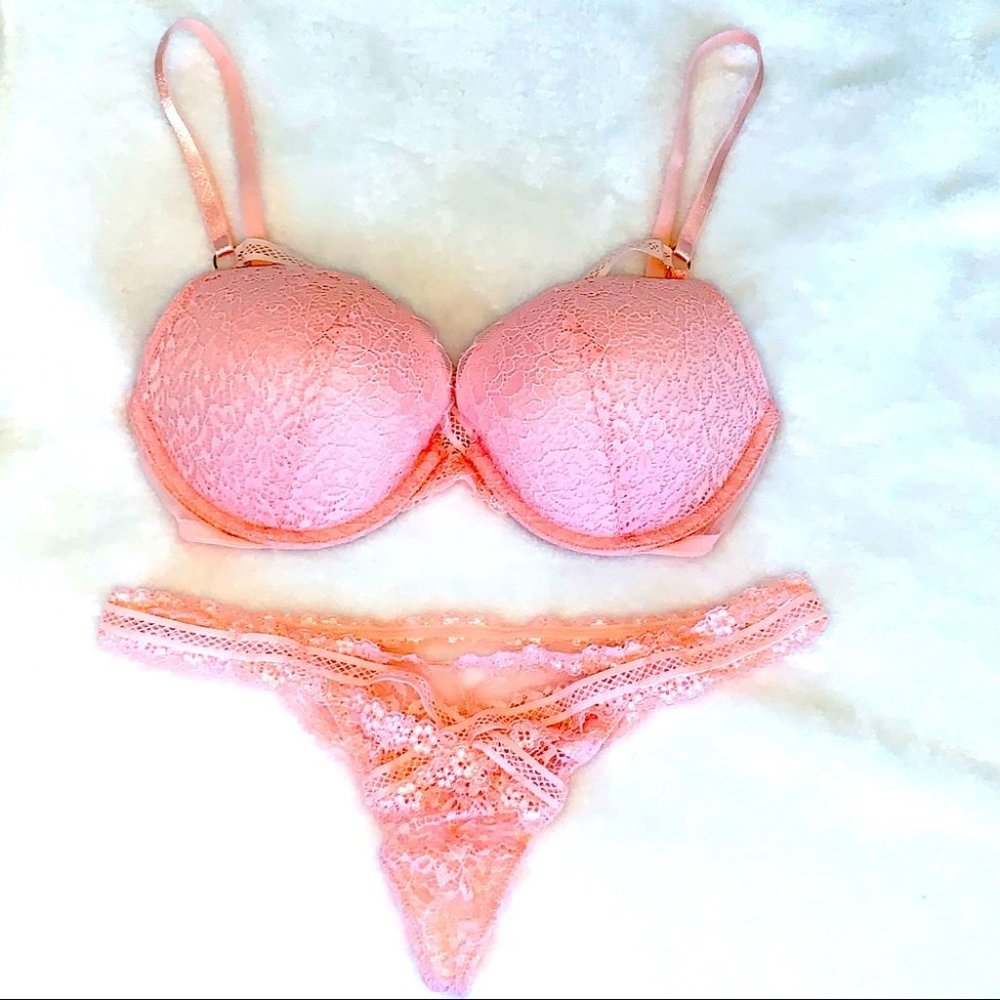 2 Pc Set 32D push-up Bra Very Sexy Fishnet +Thong Panty Pink Beige Small
